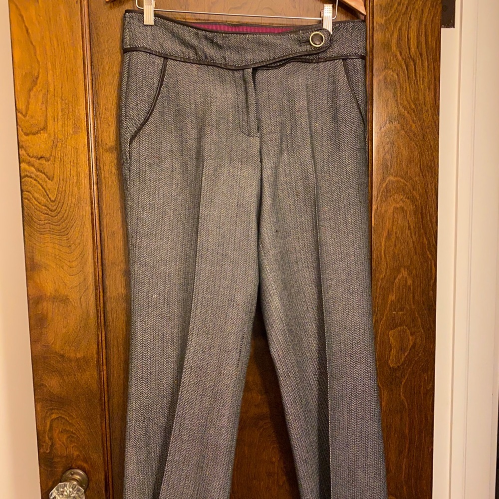 Anthropologie grey trousers w/brown leather accent